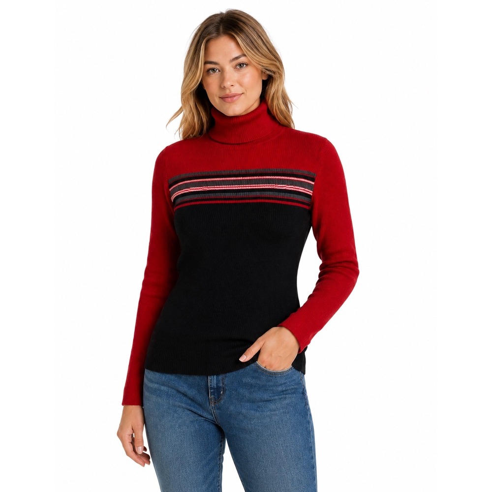 Karen Scott Ribbed Knit Colorblock Sweater PL Red 100% Cotton Retro Striped Cozy